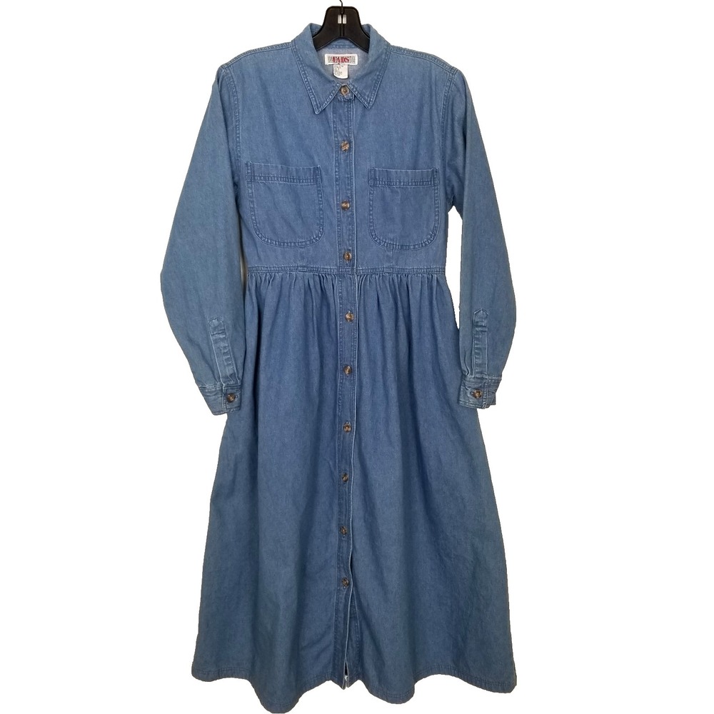 VTG FADS Women Denim Midi Dress Sz 4 Blue Button Front Long Sleeve Cotton